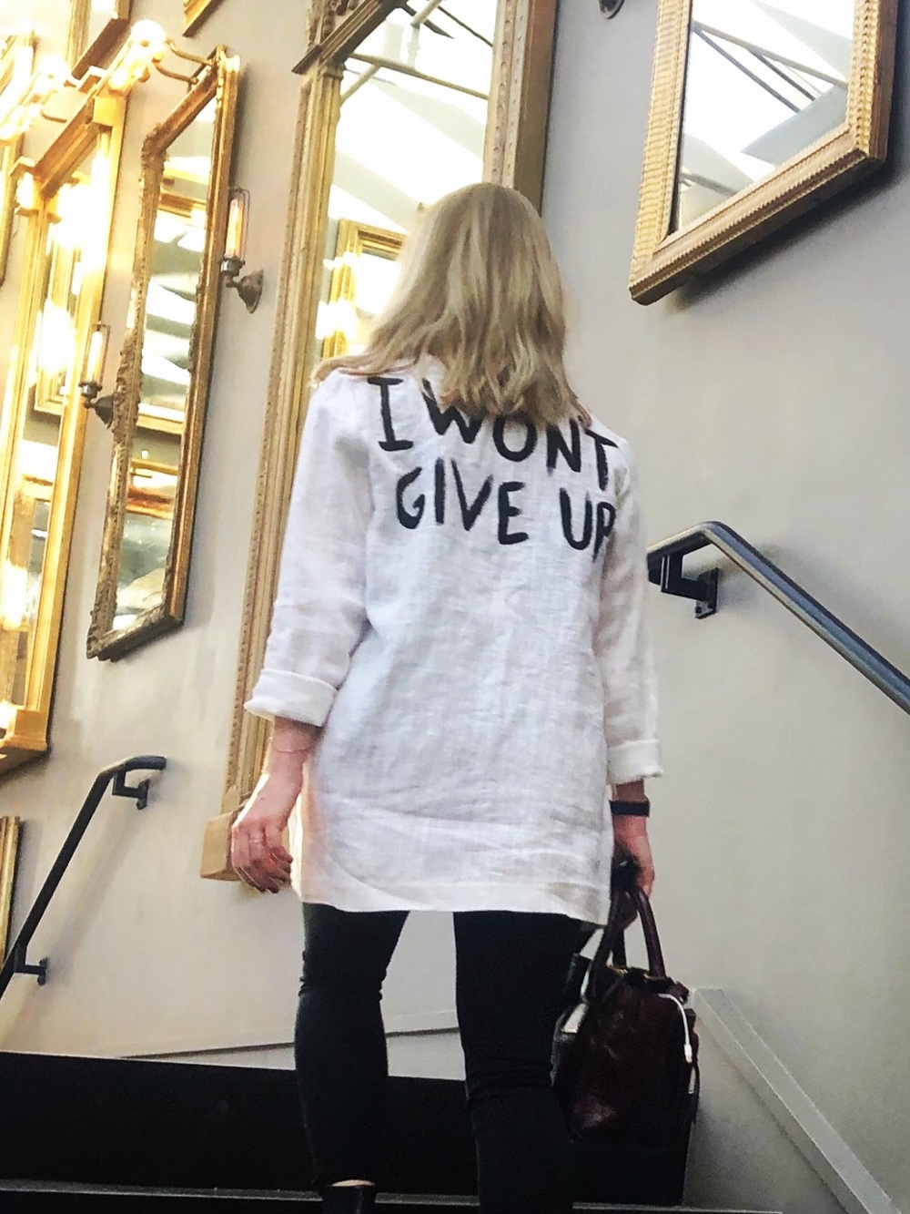 storets White Linen Button-Up Tunic with Bold Back Text